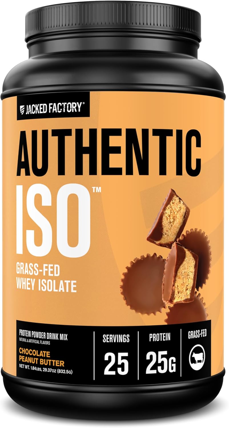 Jacked Factory Authentic ISO Grass Fed Whey Protein Isolate Powder - Low Carb, Non-GMO Muscle Building Protein w/No Fillers, Post Workout Recovery, Chocolate Peanut Butter - 25 Servings