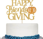 Happy Friends Giving Cake Topper - Thanksgiving Cake Decorations, Give Thanks, Friends Harvest Maple Pumpkin Holiday Party Supplies Gold Glitter