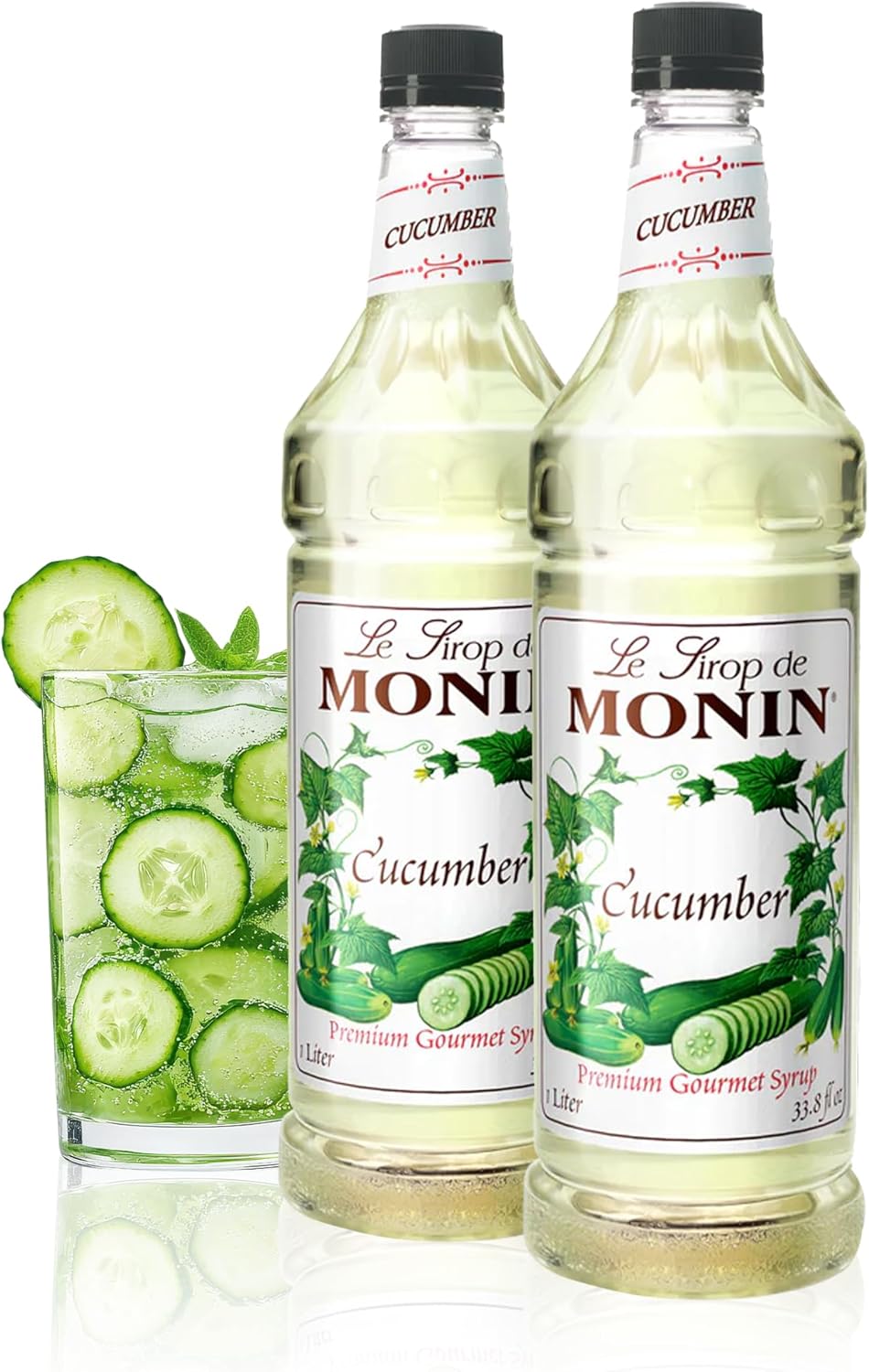 Monin - Cucumber Syrup, Refreshing Sweetness, Natural Flavors, Great for Mocktails, Cocktails, Lemonades, Teas, and Sodas, Non-GMO, Gluten-Free (1 Liter, 2-Pack)