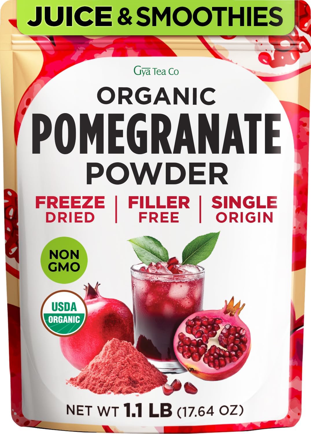 Gya Tea Co Organic Pomegranate Powder 1.1lb (17.64 Oz) - Antioxidant Rich Superfood for Drinks, Baking - Immunity & Energy Boost - Fresh Natural Whole Fruit - Non-GMO, Gluten-Free, Sugar-Free