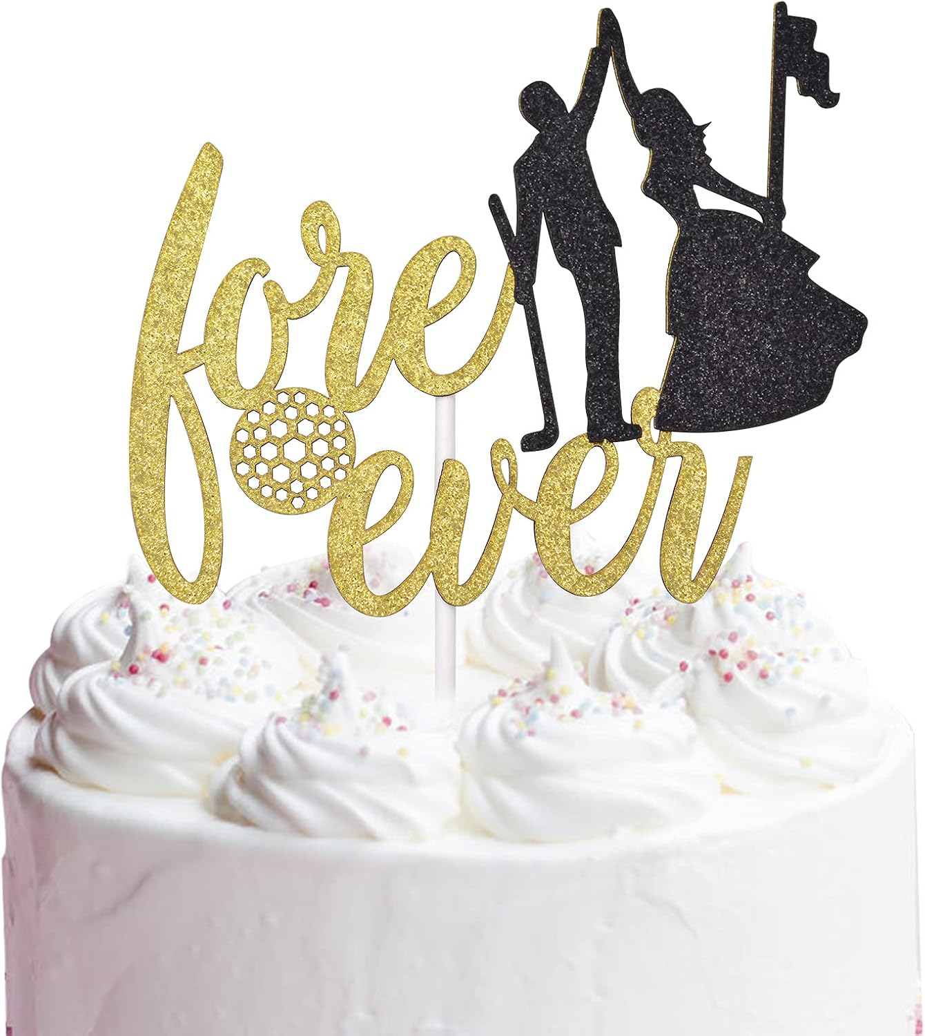 Love Ever Cake Topper for Golf Theme Wedding Party Decorations, Golf Wedding Cake Decor, Bride and Groom Cake Topper (Double-sided Gold Glitter)