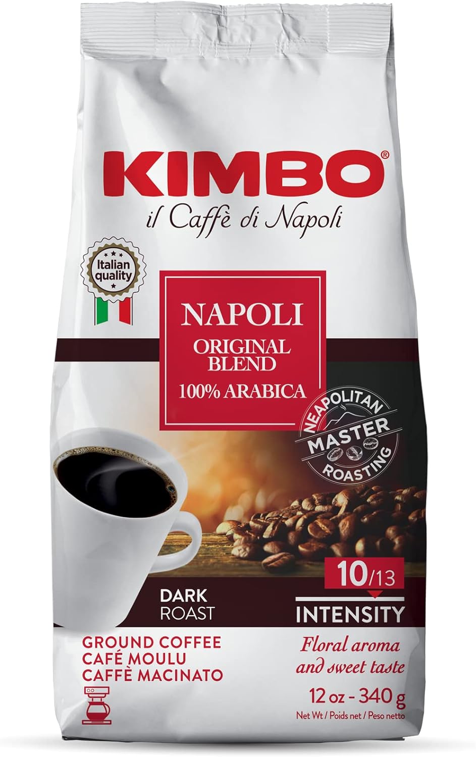 Kimbo Napoli Original Blend 100% Arabica Ground Coffee | 10/13 Intensity | Dark Roast with Floral & Sweet Flavor | 12 oz (340g) bag