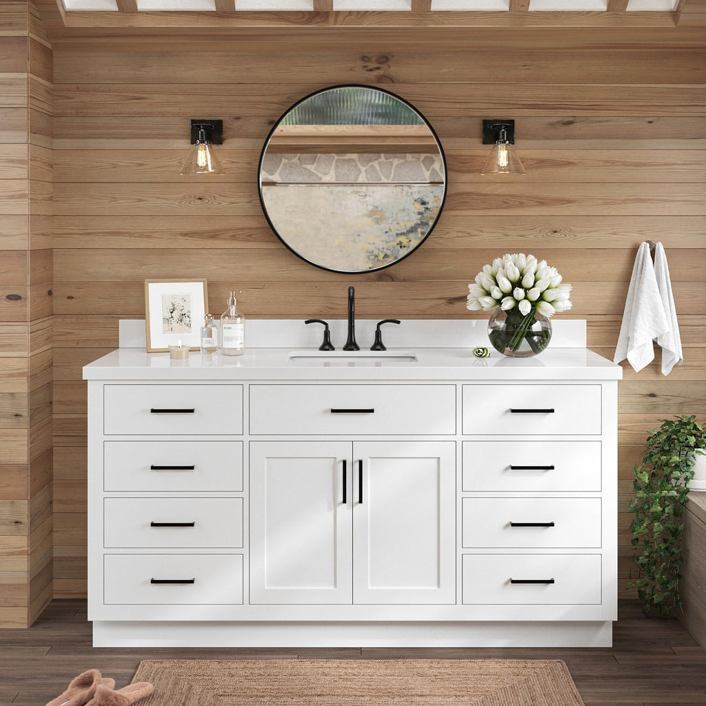 ARIEL Hepburn 66-inch Bathroom Vanity with Sink,Solid Wood, 1.5-inch Pure White Quartz Countertop & Backsplash, Single Rectangular Porcelain Sink, 2 Soft Closing Doors, 9 Dovetail Drawers, White