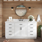 ARIEL Hepburn 66-inch Bathroom Vanity with Sink,Solid Wood, 1.5-inch Pure White Quartz Countertop & Backsplash, Single Rectangular Porcelain Sink, 2 Soft Closing Doors, 9 Dovetail Drawers, White