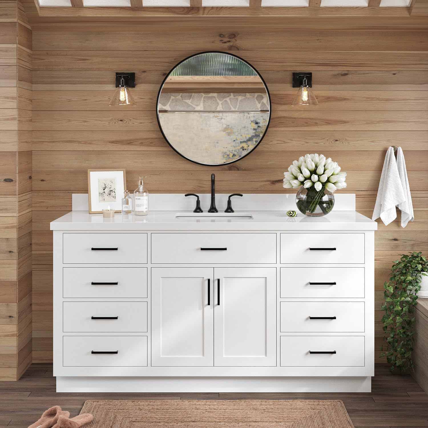 ARIEL Hepburn 66-inch Bathroom Vanity with Sink,Solid Wood, 1.5-inch Pure White Quartz Countertop & Backsplash, Single Rectangular Porcelain Sink, 2 Soft Closing Doors, 9 Dovetail Drawers, White
