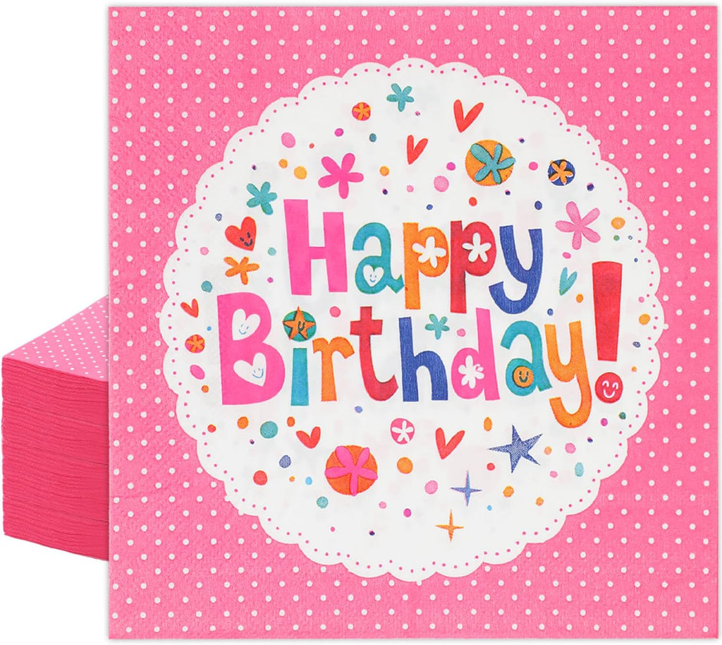 100 PCS Happy Birthday Paper Napkins, 13 x 13 Inches Pink Flowers Paper Napkins, 2-Ply Pink Disposable Decorative Hand Towels Napkins for Luncheon, Kids Birthday, Baby Shower Christmas Party Supplies