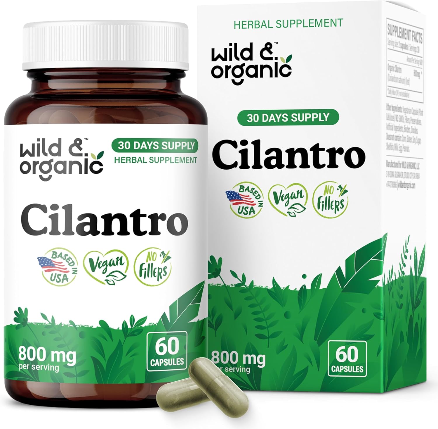 Wild & Organic Cilantro Capsules 800 mg - Detox Support - Cilantro Extract Supplement - Coriandrum Sativum Leaf Powder - Vegan, No Fillers, Non-GMO - 60 Count