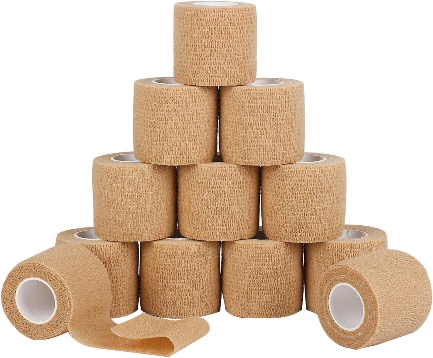 12 Pack Self Adherent Cohesive Wrap Bandages 2 Inches X 5 Yards,First Aid Tape, Elastic Self Adhesive Tape, Athletic, Sports wrap Tape, Bandage Wrap for Sports, Wrist, Skin Colour Athletic Tape