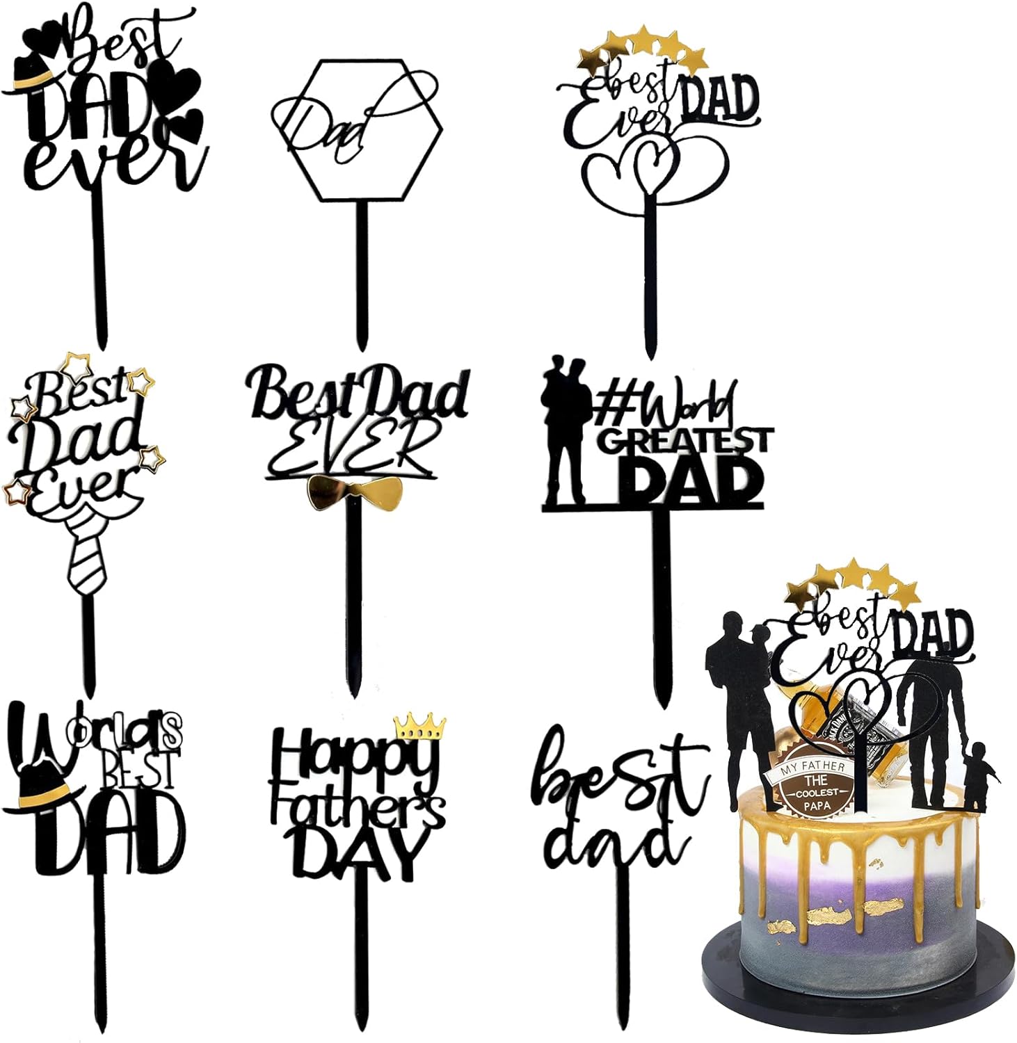 Father's Day Cake Toppers Best Dad Ever Cupcake Decoration 9 Pcs Happy Father's Day Cake Dessert Party Supplies