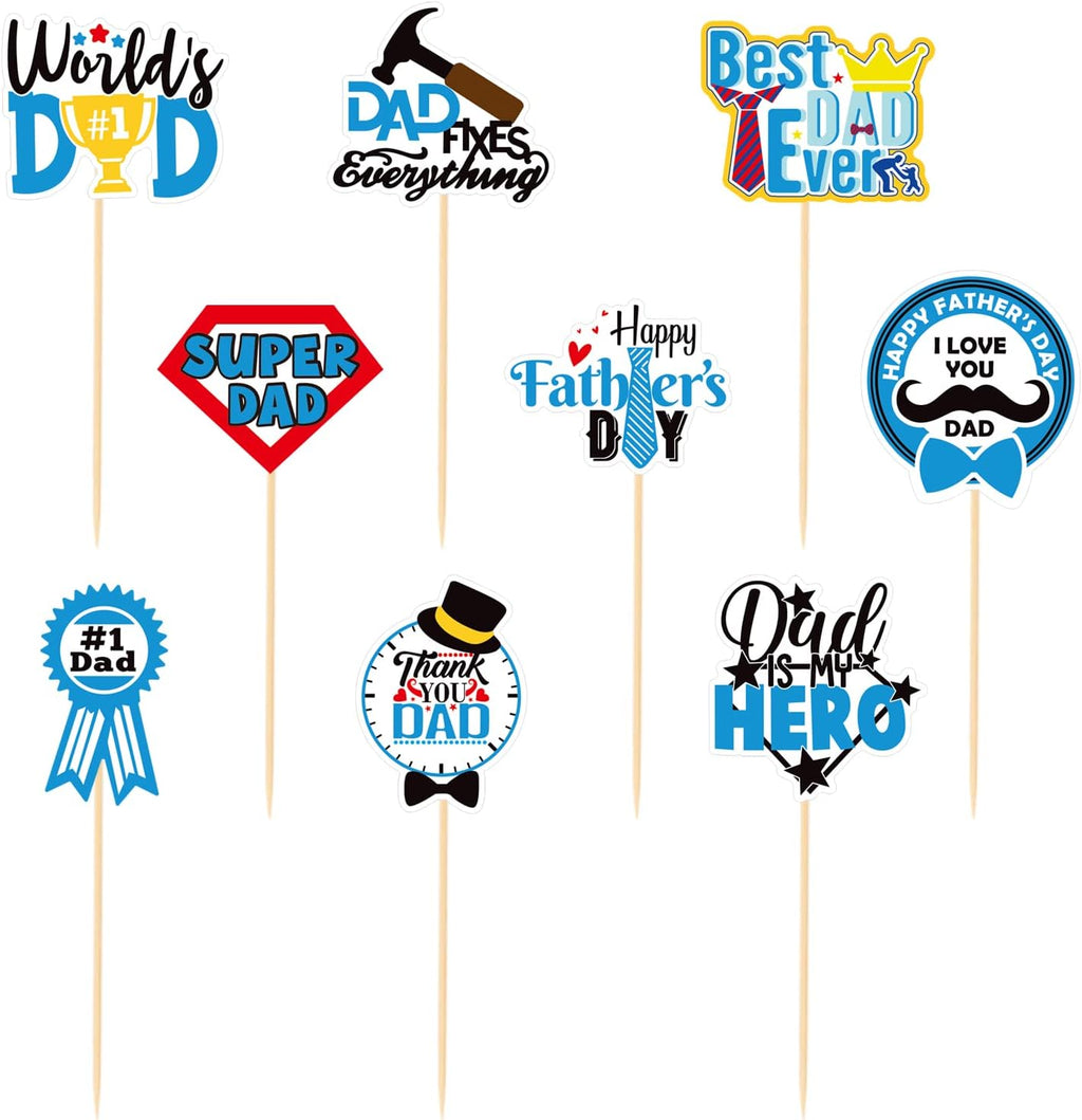 CAVLA 36 Pieces Cupcake Toppers for Father's Day Best Dad Ever Super Dad Thank You Dad Dad is My Hero Cupcake Picks for Fathers Day with Tie Hat Cupcake Decorations for Father's Day Dad's Day