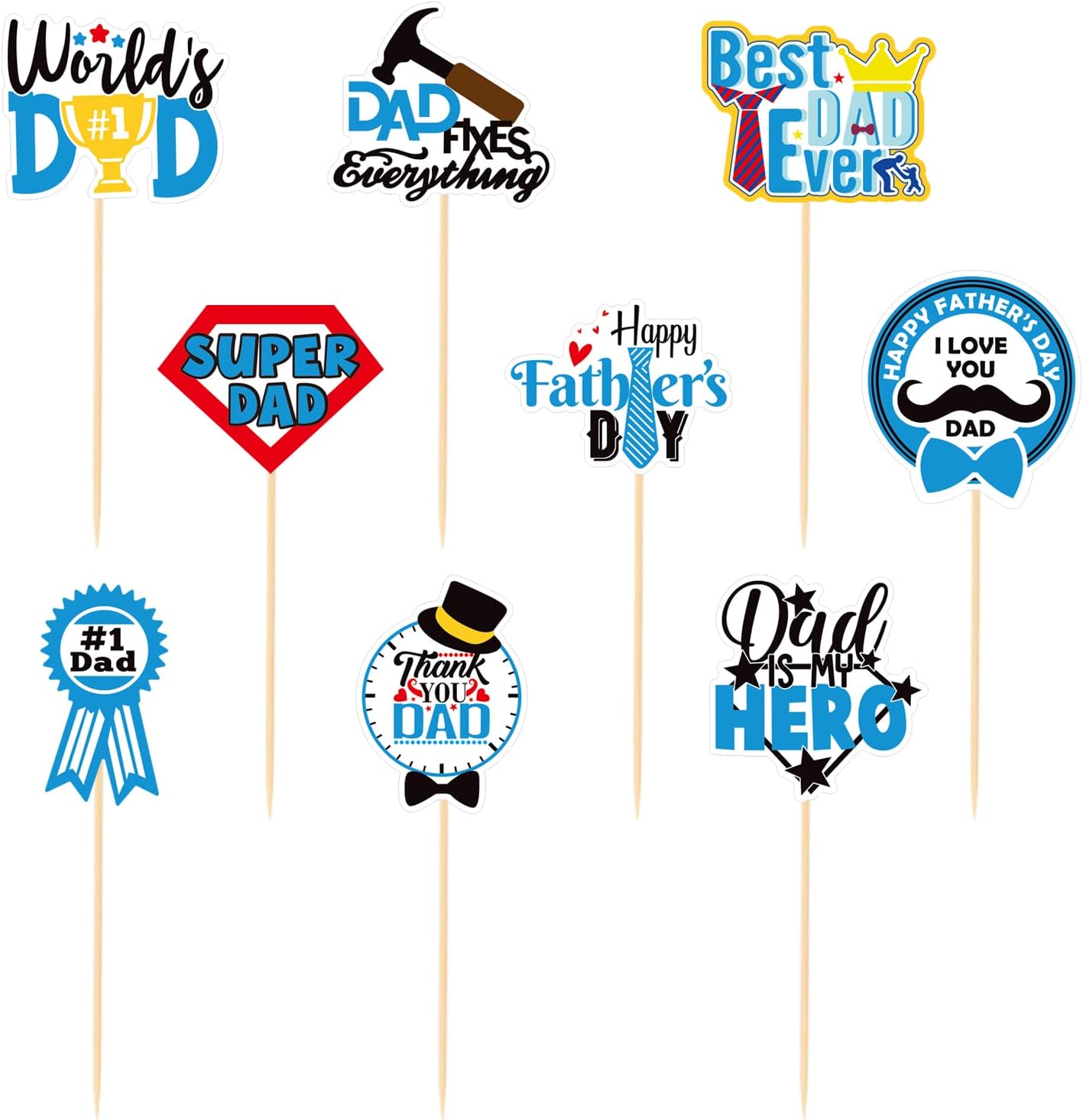 CAVLA 36 Pieces Cupcake Toppers for Father's Day Best Dad Ever Super Dad Thank You Dad Dad is My Hero Cupcake Picks for Fathers Day with Tie Hat Cupcake Decorations for Father's Day Dad's Day