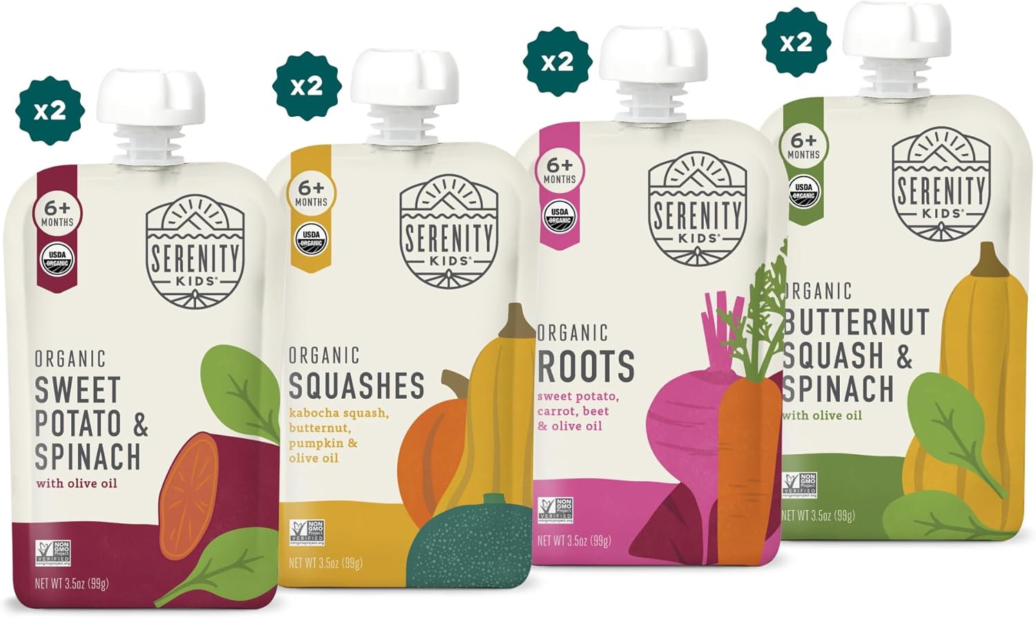 Serenity Kids 6+ Months Pureed Veggie Baby Food Pouches - USDA Organic Baby Food Stage 1 Puree - Organic Allergen-Free Toddler Snacks - On-the-Go Toddler Pouches - 3.5 Oz, Pack of 8
