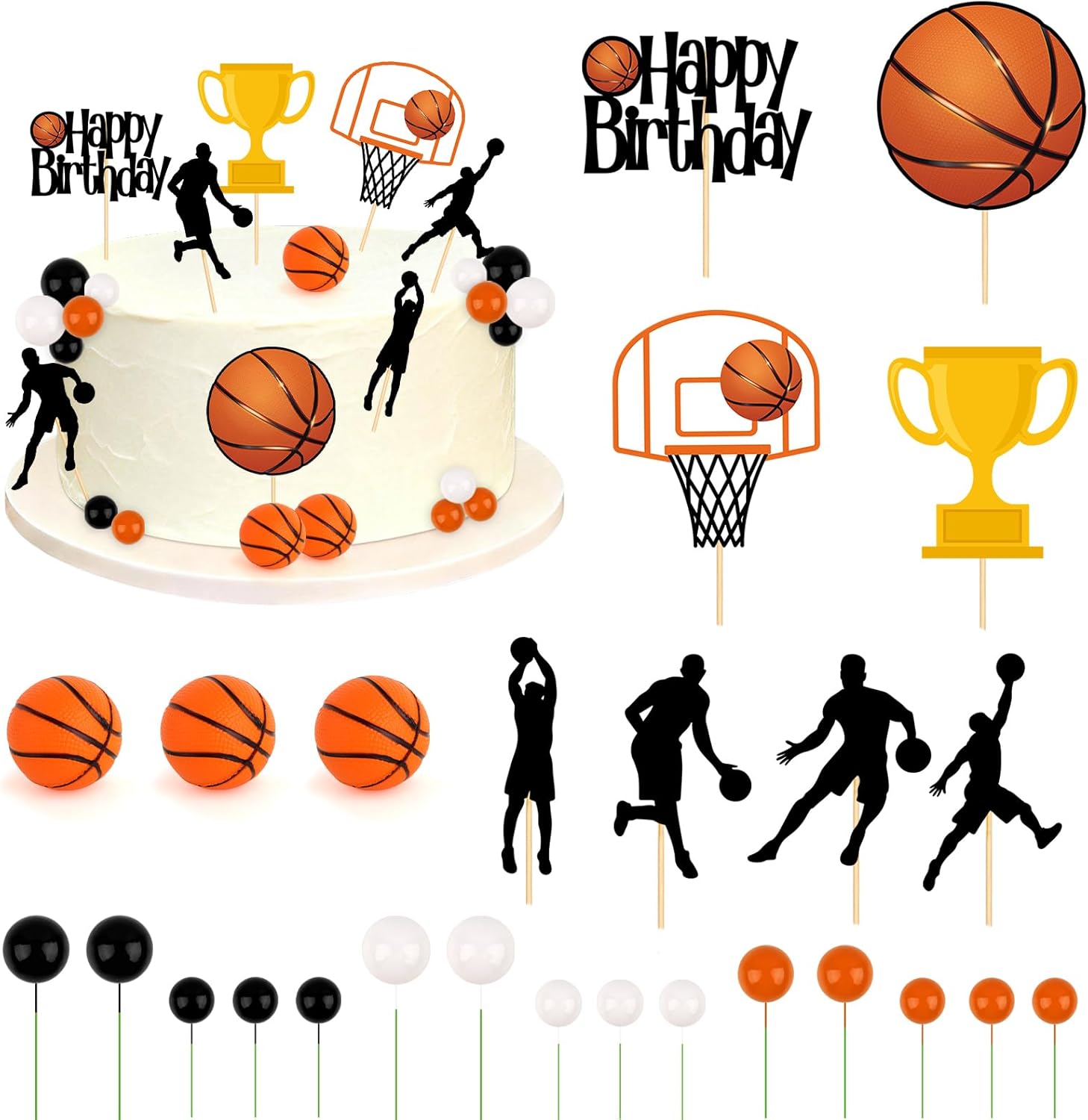 Hooqict 26Pcs Basketball Cake Decorations Set with Mini Balls, Players, Happy Birthday Basketball Cake Toppers & Cupcake Toppers for Kids Boys Men Sports Themed Basket Ball Birthday Party Decorations