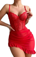 Foxiny Sexy Corset Bodycon Ruffle Sheer Underwire Mesh Lace Floral Outfits Babydoll Lingerie Set Dress with Thong 2 Piece