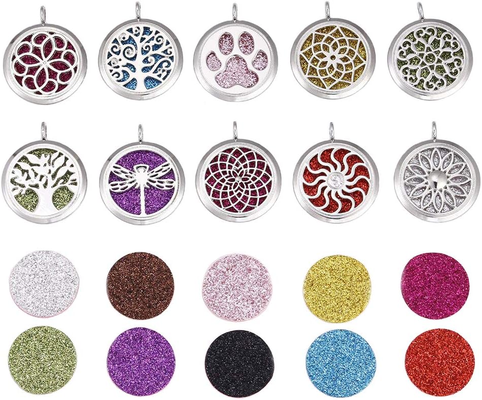 10pcs Mixed Aroma Diffuser Charms Stainless Steel Tone Perfume Essential Oil Diffuser Necklace Pendant Locket Jewelry (Style 5)