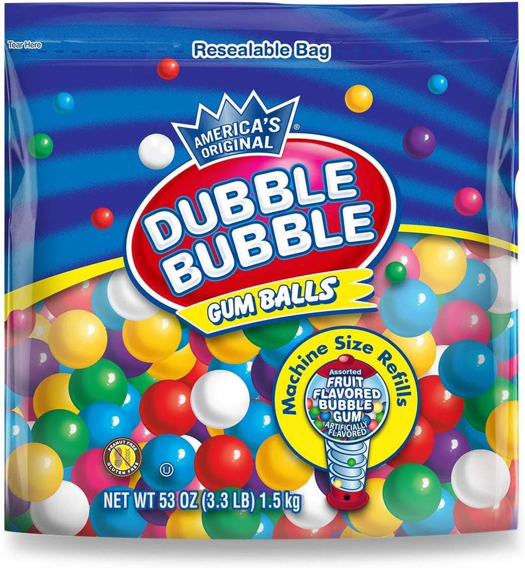 Dubble Bubble Gumball Machine Refill - More than 3 Pounds of Bulk Bubblegum Balls - .5 Inch Assorted Gumballs for Small Mini Candy Dispenser - 53 Ounce Bag (Pack of 1)