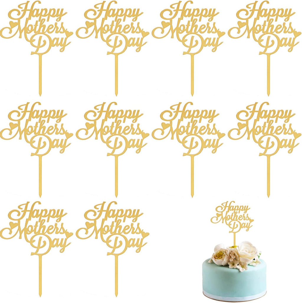 Mother's Day Cake Topper, 10pcs Acrylic Happy Mother's Day Cupcake Topper for Birthday Party Decoration Supplies (Gold)