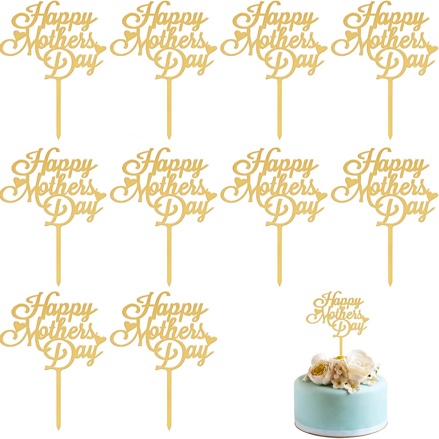 Mother's Day Cake Topper, 10pcs Acrylic Happy Mother's Day Cupcake Topper for Birthday Party Decoration Supplies (Gold)