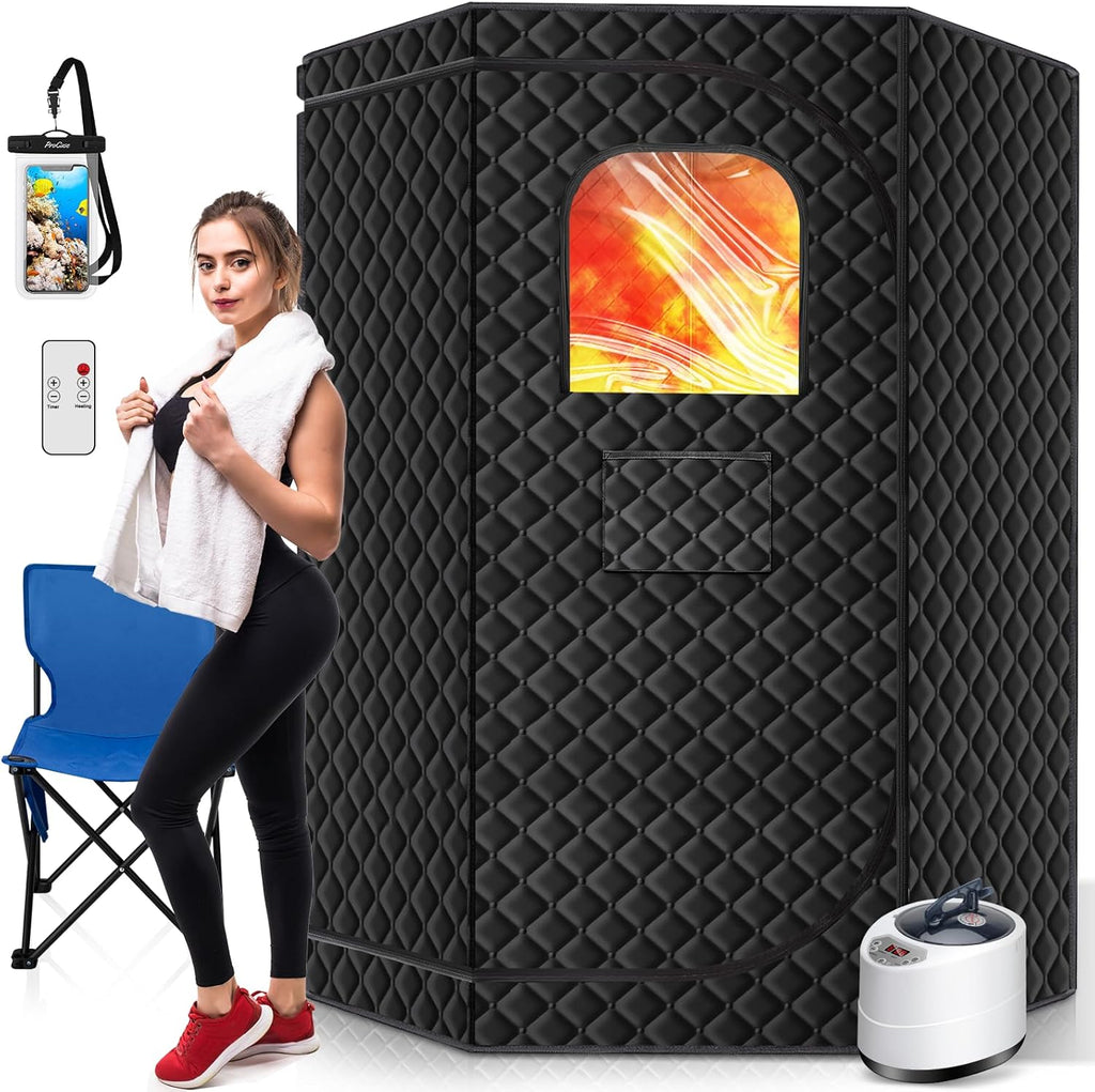 Portable Sauna Box for Home, Personal SPA Steam Sauna with 10 Min Fast Heating & 9 Levels Heat, Warm Sauna Tent with 3L/1500W Steamer, Folding Chair, Remote Control for Body Relaxation