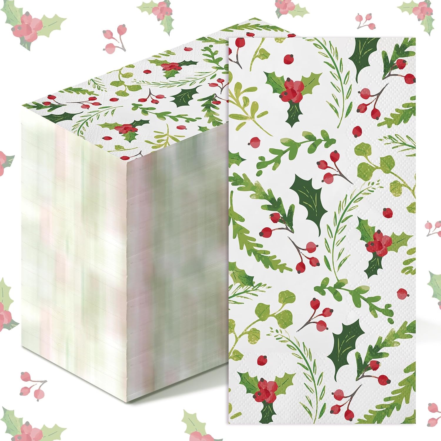 Jetec 100 Pcs Christmas Paper Napkins Disposable Berries Pine Guest Napkin 2 Ply Holly Berries Napkin Xmas Party Greenery Dinner Cocktail Hand Towels for Winter Holiday Kitchen Supplies