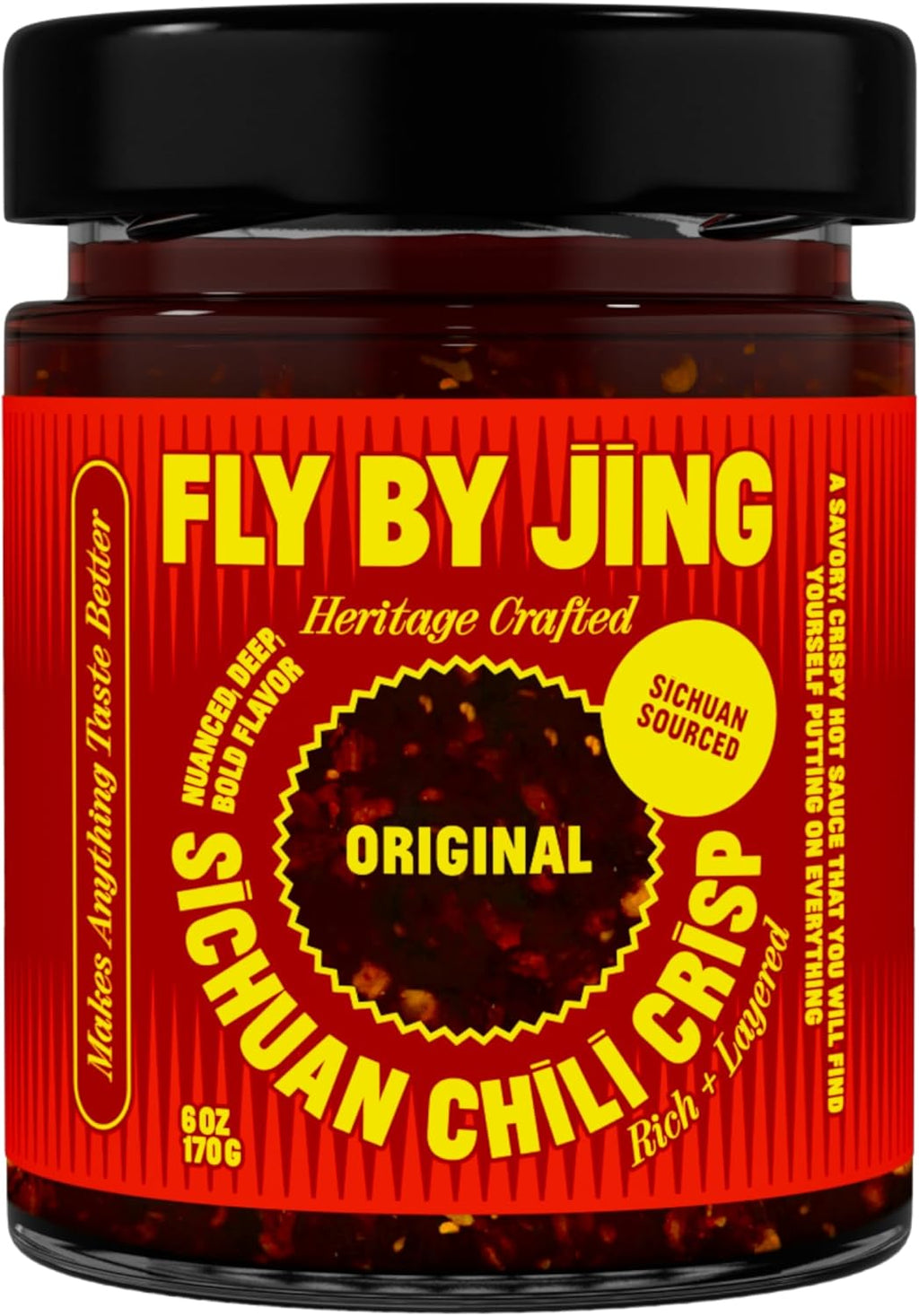 FLYBYJING Original Sichuan Chili Crisp: Premium Chili Oil w/Crunchy Garlic and Shallots - Spicy, Savory, Vegan, Sugar Free Hot Sauce - Good on Noodles, Proteins, Veggies & Everything, 6oz (Pack of 1)