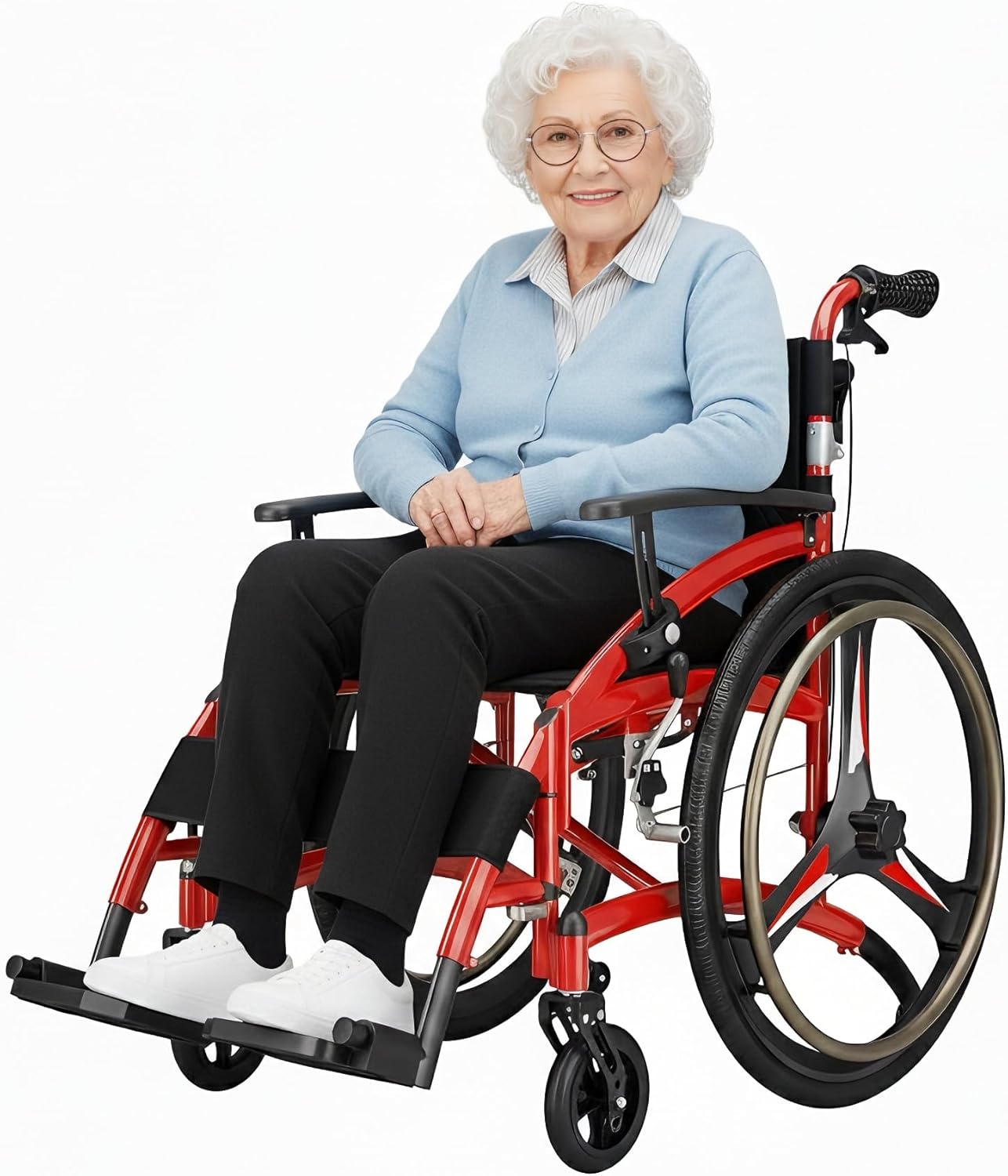 Folding All-Terrain Ultra Lightweight Sports Wheelchair Adjustable Footrest, 18" Wide Seat Wheelchairs for Adults with Safety Belt and Back Pocket, 24" Solid Tires, 220 lbs Capacity