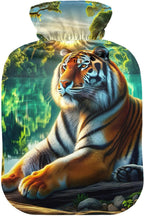 Animal Tiger Hot Water Bottles with Soft Velvet Cover Hot Water Bag for Neck and Shoulder Pain Relief, 2L