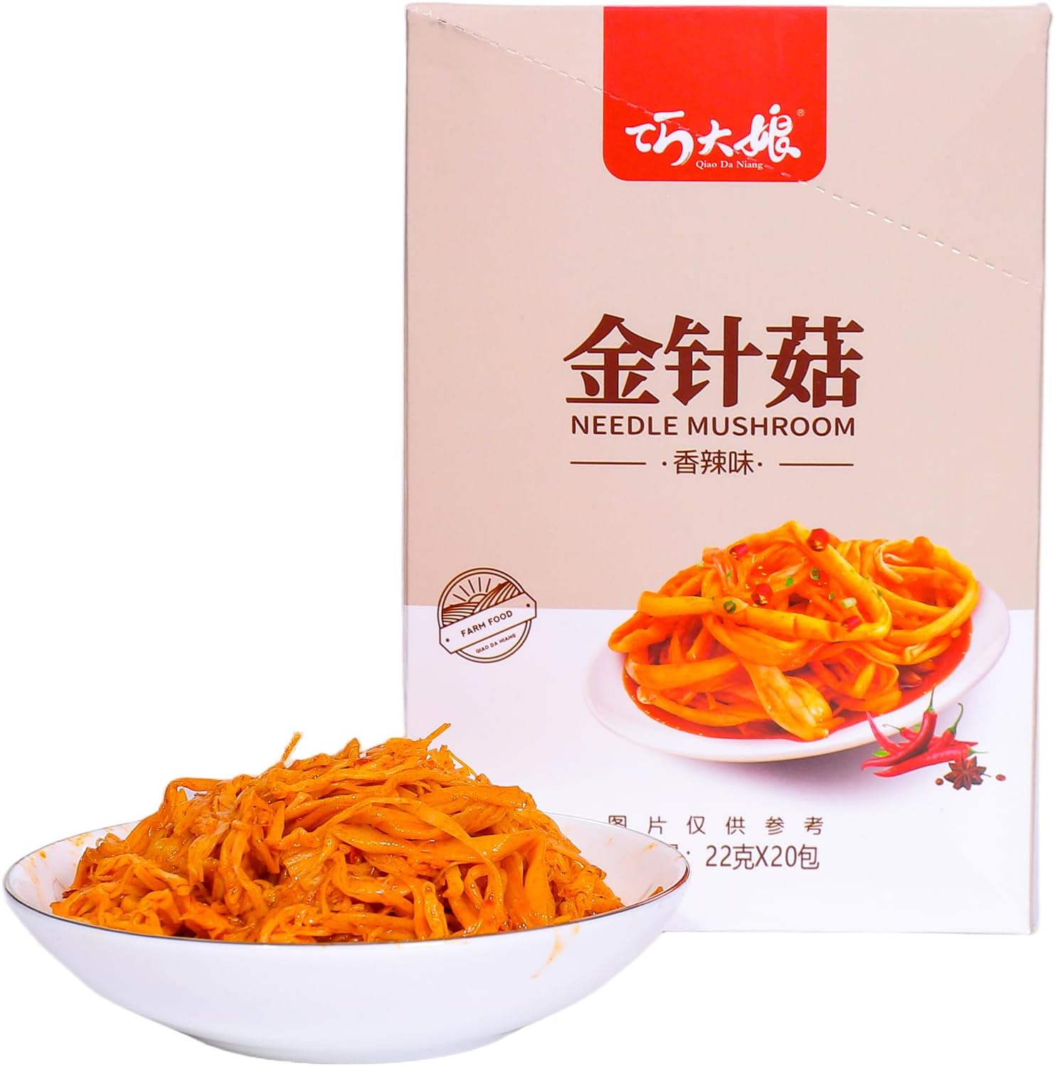 Fresh Spicy Enoki Mushrooms,Savory Spicy Mushroom Snack in Red Oil,Latiao, Strip Series, 辣条系列, Flammulina,Instant Pickles,Chinese Specialty Food (440g/15.56oz, 20 packets in total)