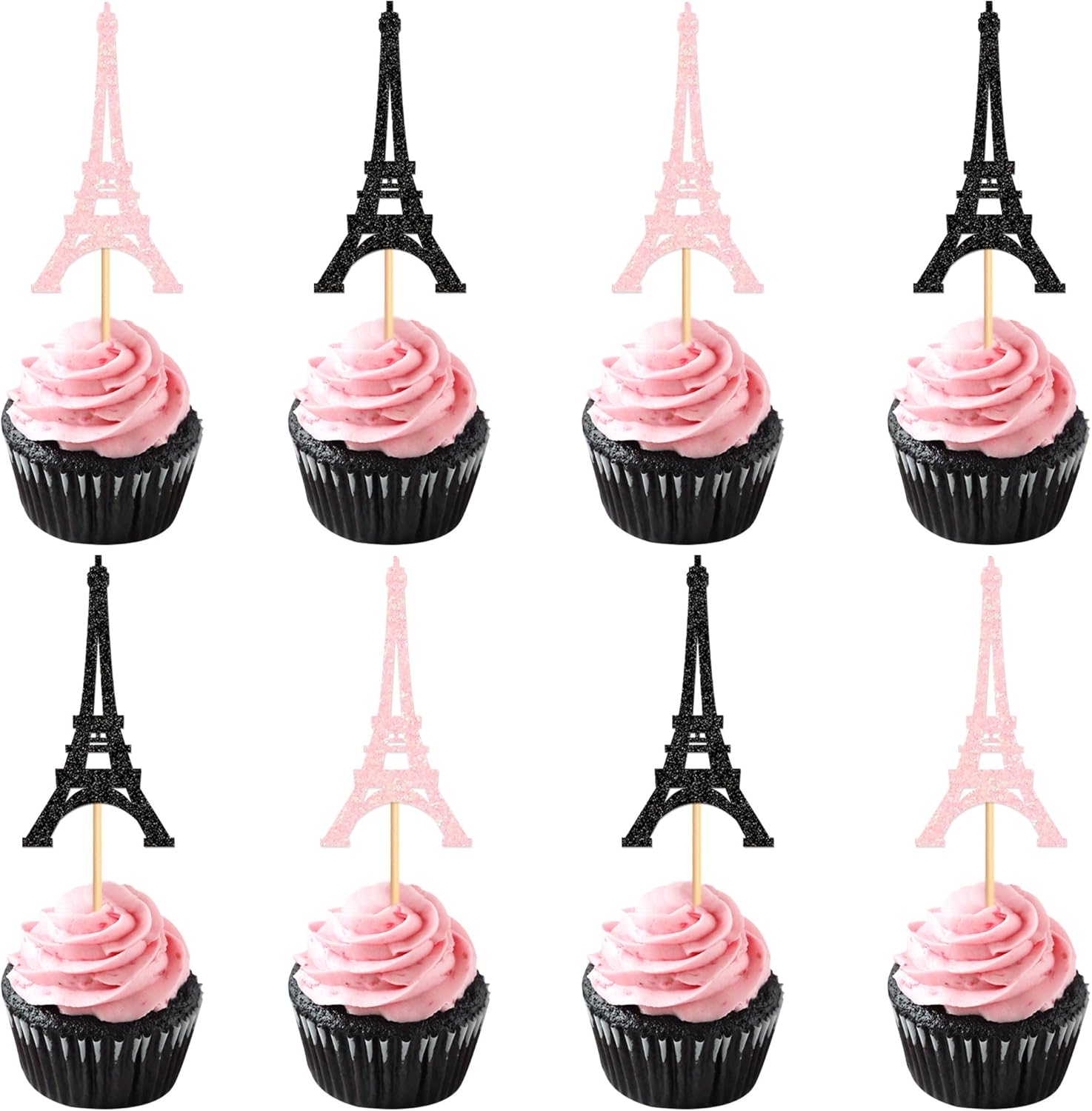 Ercadio 24 Pack Paris Party Cupcake Toppers Pink Black Paris Eiffel Tower Theme Cake Decoration Picks Romantic Eiffel Tower for Girls Birthday Romantic themes Party Decor Supplies