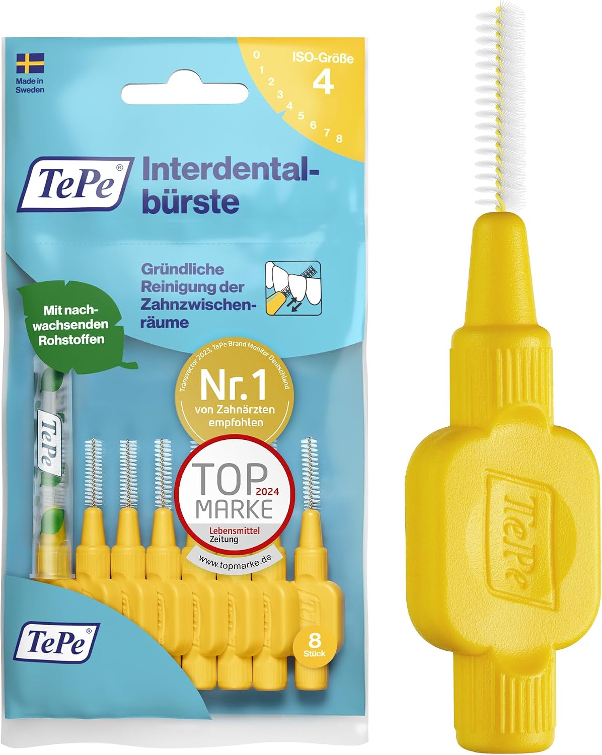 TePe Original Yellow Interdental Brush (ISO Size 4 0.7 mm)/for Easy and Thorough Cleaning of interdental Spaces/ 1 interdental Brush
