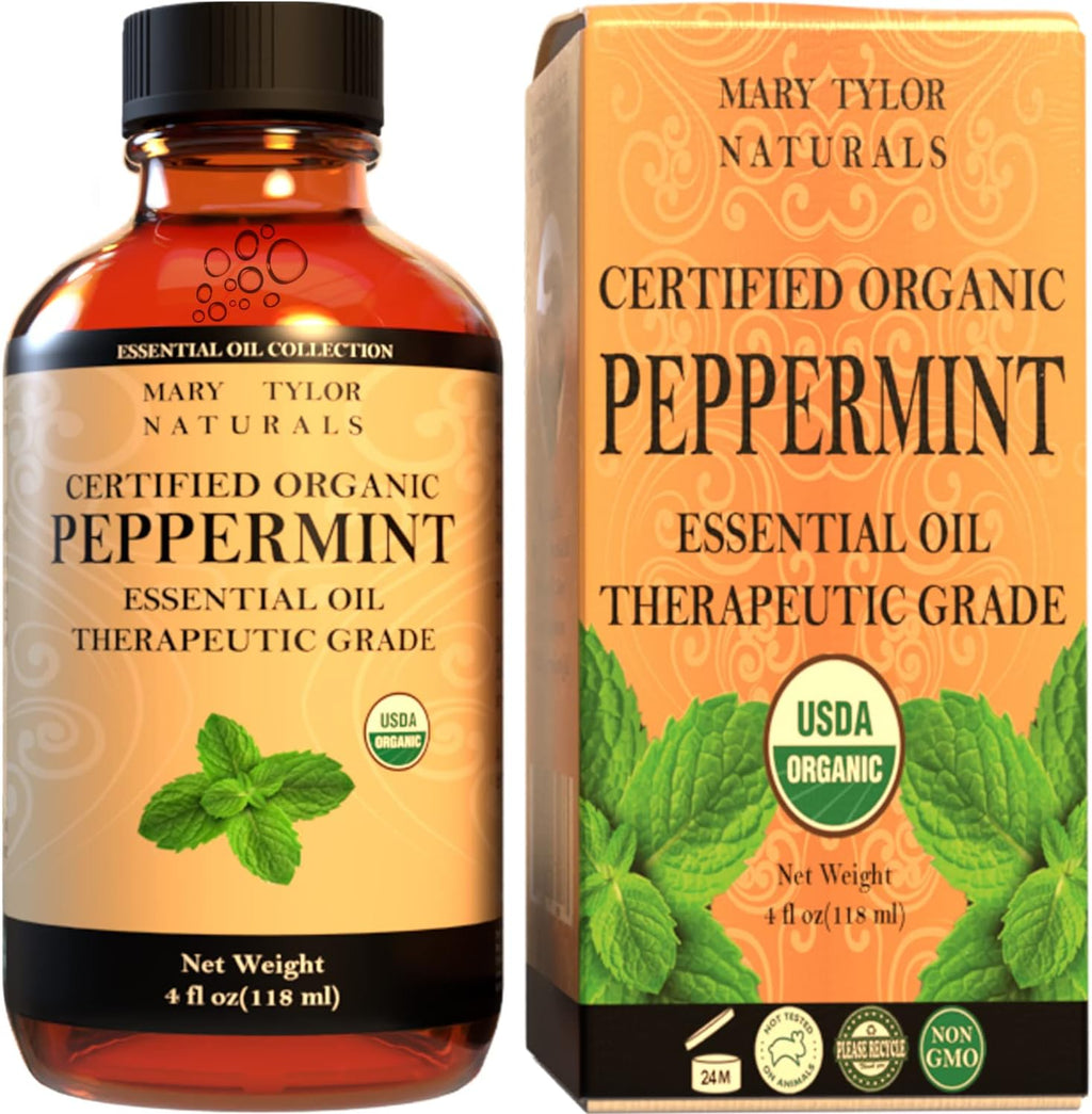 Organic Peppermint Essential Oil 4 oz, USDA Certified Mentha Piperita, Perfect for Aromatherapy, Diffuser, DIY by Mary Tylor Naturals