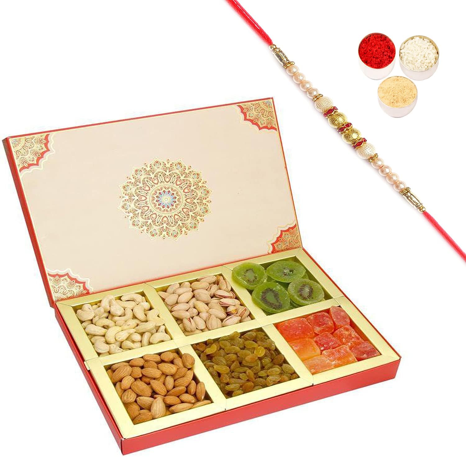 Ghasitaram Gifts Rakhi Gifts for Brothers Rakhi Dryfruits - Fusion 6 Part Assorted Dryfruit Box with Pearl Rakhi