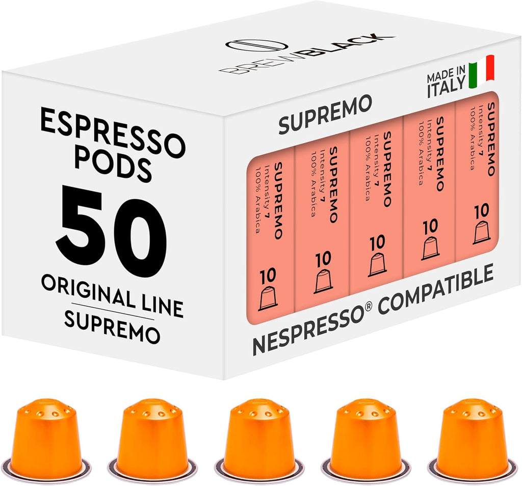 BrewBlack Supremo Coffee Capsules - 50 Aluminum Coffee Pods Compatible with Nespresso Original line, 100% Arabica Medium Roast - Intensity 7/12, Made in Italy