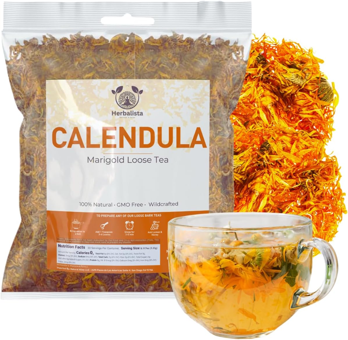 Herbalista - Premium Dried Calendula Flower Petals Tea (4 oz | 114g) | Wild Harvested Marigold for Loose Leaf Teas, Cocktail Infusions, Salves & Culinary Uses | 100% Natural, Edible & Fresh | Flores de Caléndula