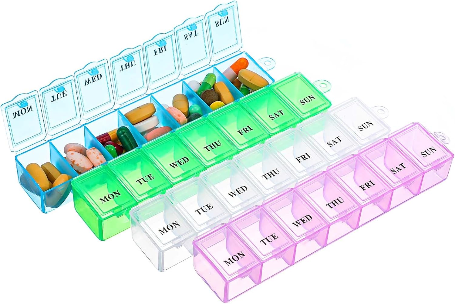 WLLHYF 4 Pack Weekly Pill Organizer, Portable Pill Box 7 Day Pill Cases Travel Medicine Organizer for Vitamins, Supplements and Medications