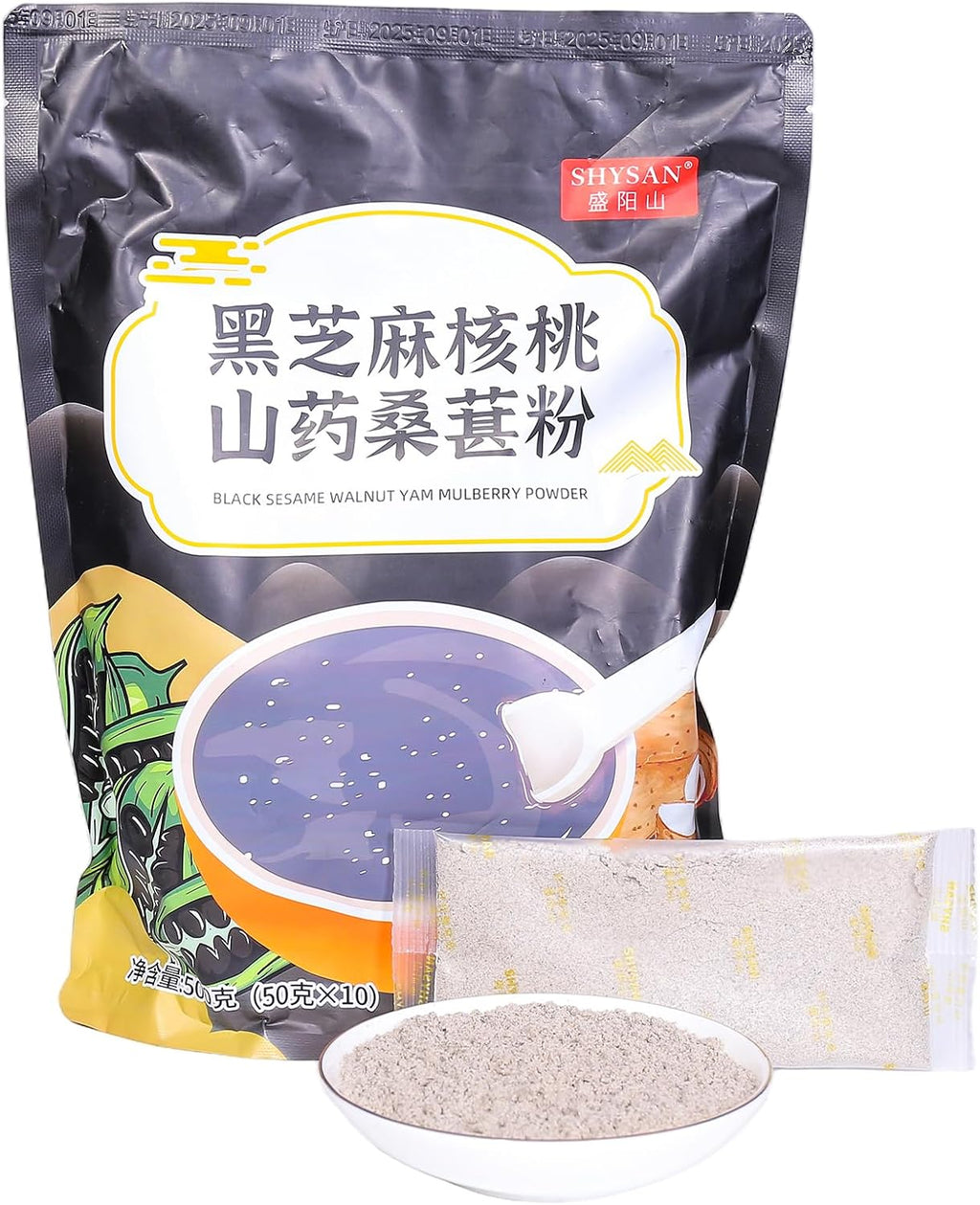 SODGHYTR-Black Sesame Walnut Yam Mulberry Paste-Chinese Cuisine, Breakfast Quick brewing (500 g) /17.64oz/containing 10 Small Bags/黑芝麻糊