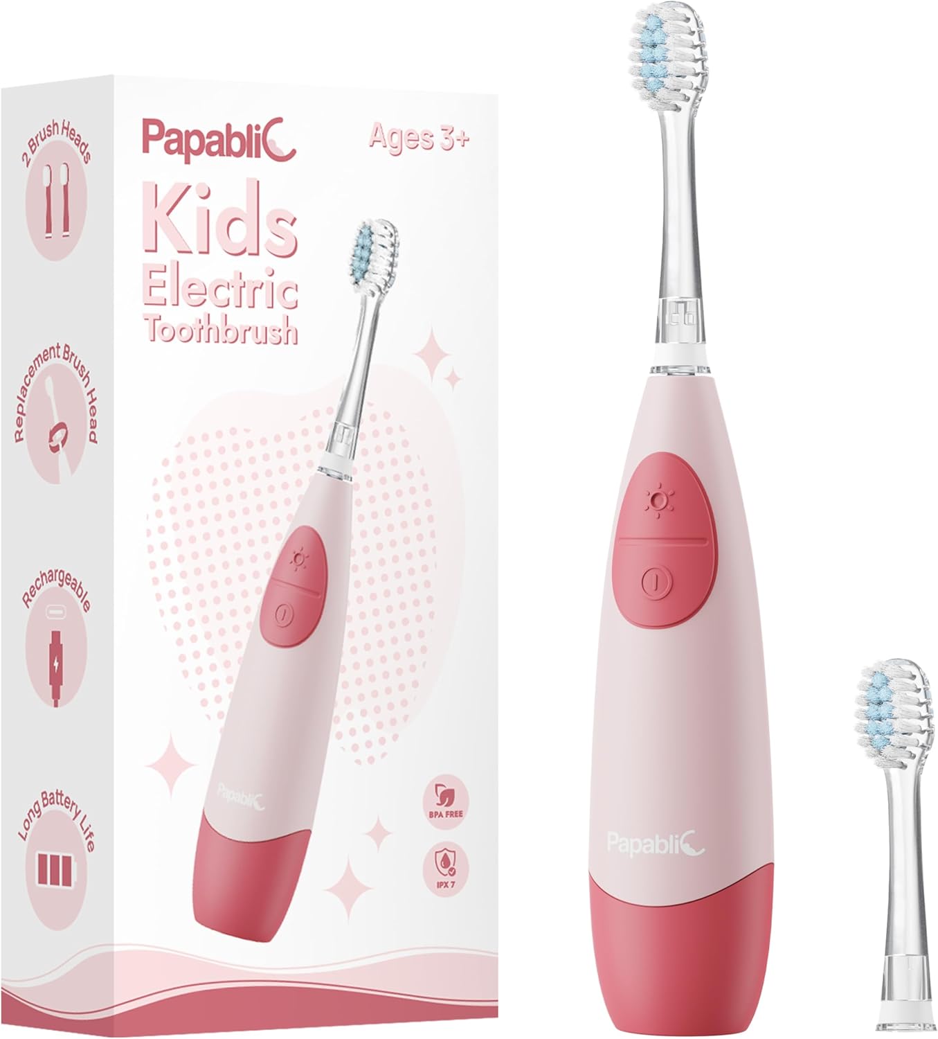 Papablic Kids Electric Toothbrush for Ages 4+ Children Girls and Boys, USB Rechargeable with Smart Brushing Timer, LED Light & 2 Replacement Brush Heads, Pink