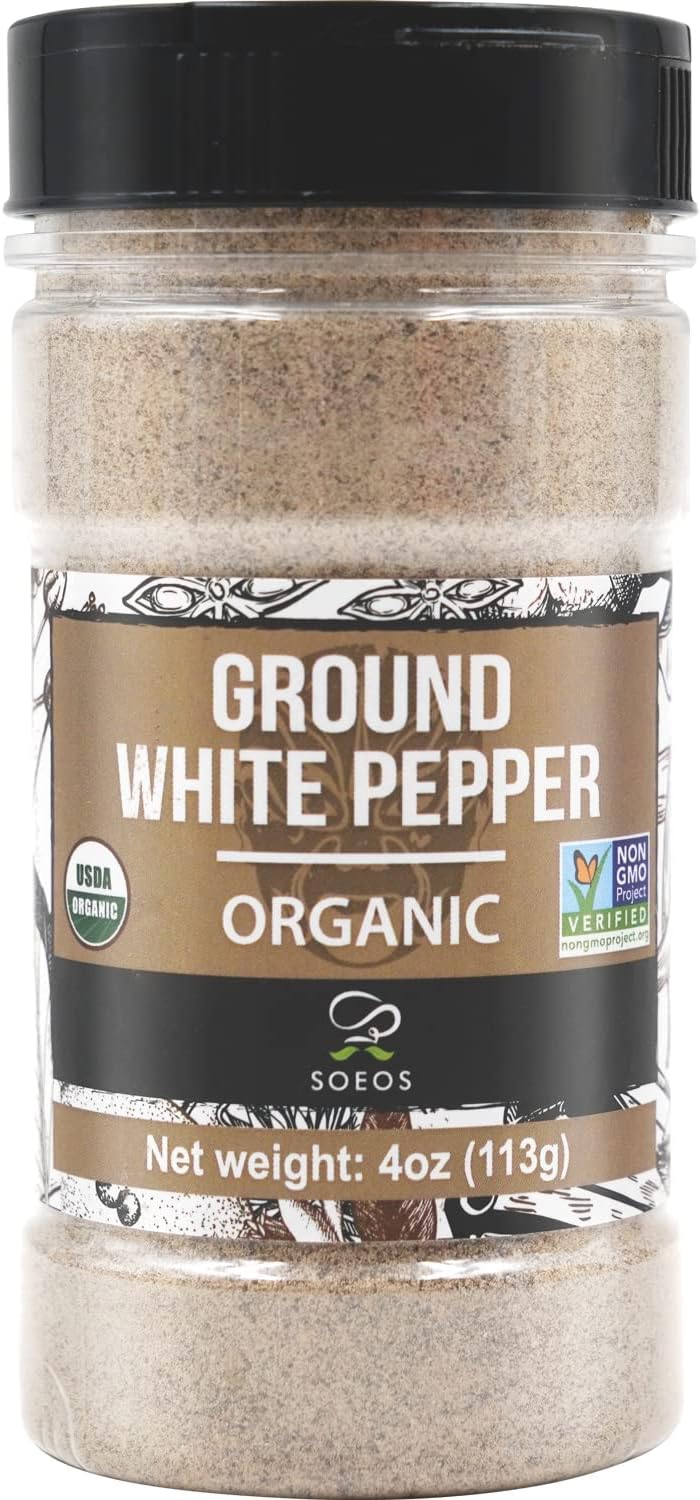 Soeos Organic White Pepper Ground, 4 Ounce, Non-GMO, Freshly Peppercorn Powder Bulk, Packed To Keep Peppers Fresh, Ground White Pepper
