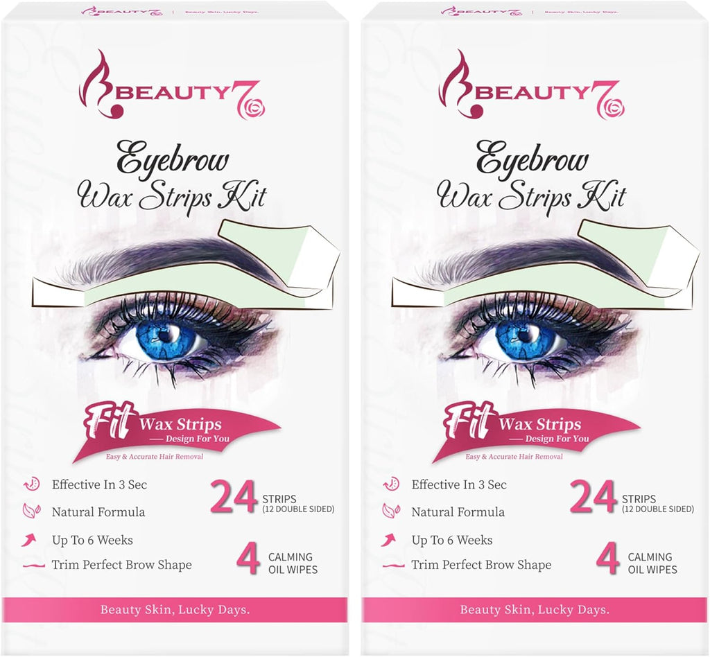 Beauty7 Wax Strips Kit for Sensitive Skin, Facial Hair Removal for Eyebrow, Lip, 24 Strips & 4 Calming Oil Wipes, At Home Waxing for Women