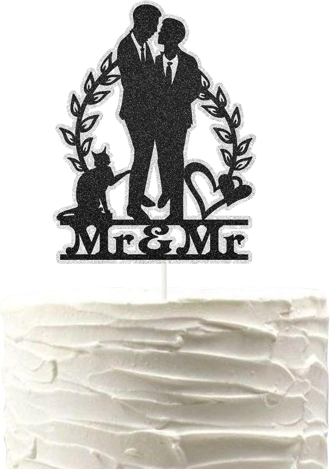 Mr & Mr With Cat Cake Topper, Gift for Gay Wedding Cake Decor,Silhouette Couple Groom and Groom Wedding Engagement Anniversary Party Decoartions