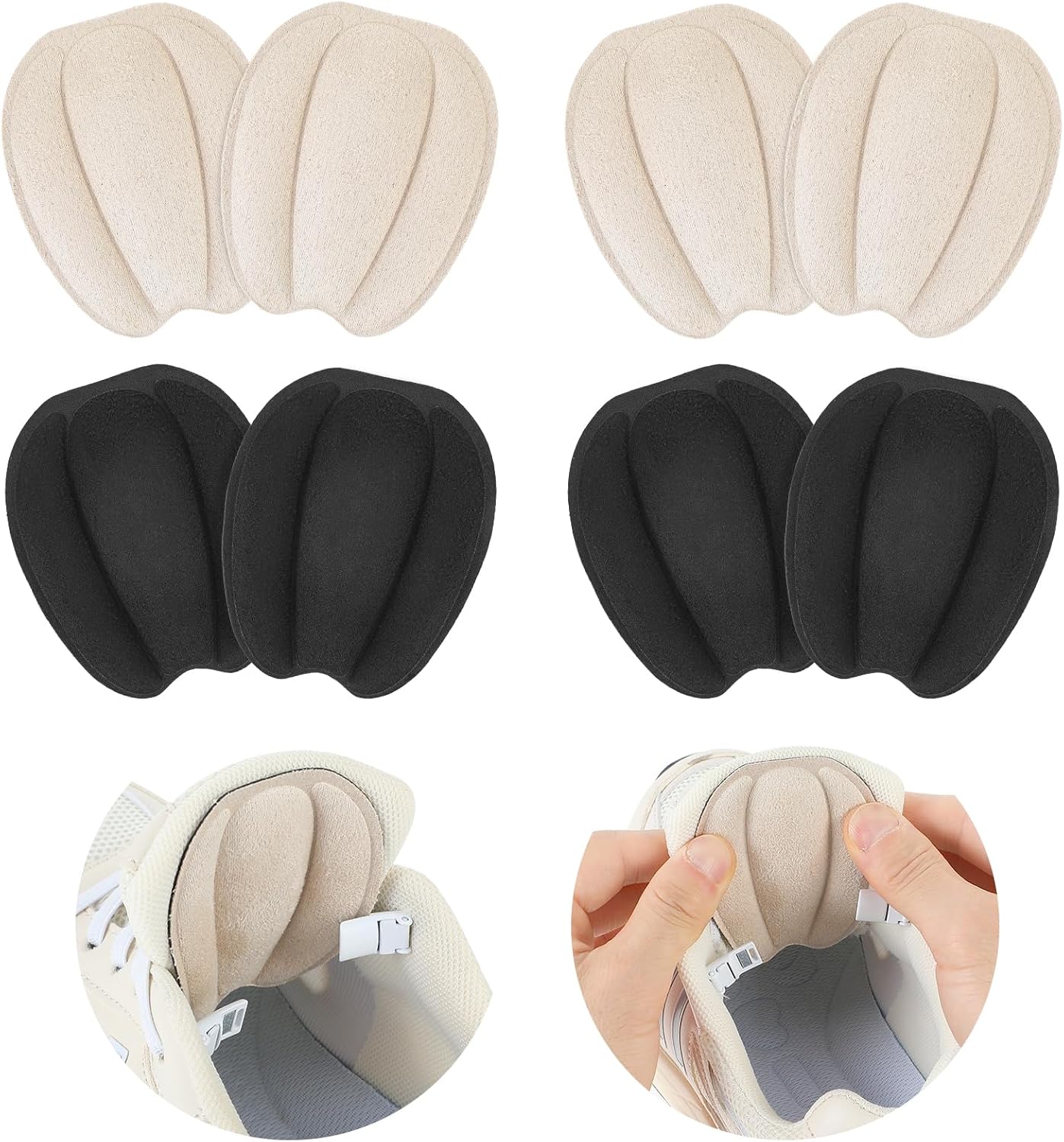 4Pairs Tongue Pads for Shoes, Non Slip Shoe Tongue Pads, Shoe Size Reducer Inserts Tongues Pad for Shoes Too Big Men Women(Black, Beige)