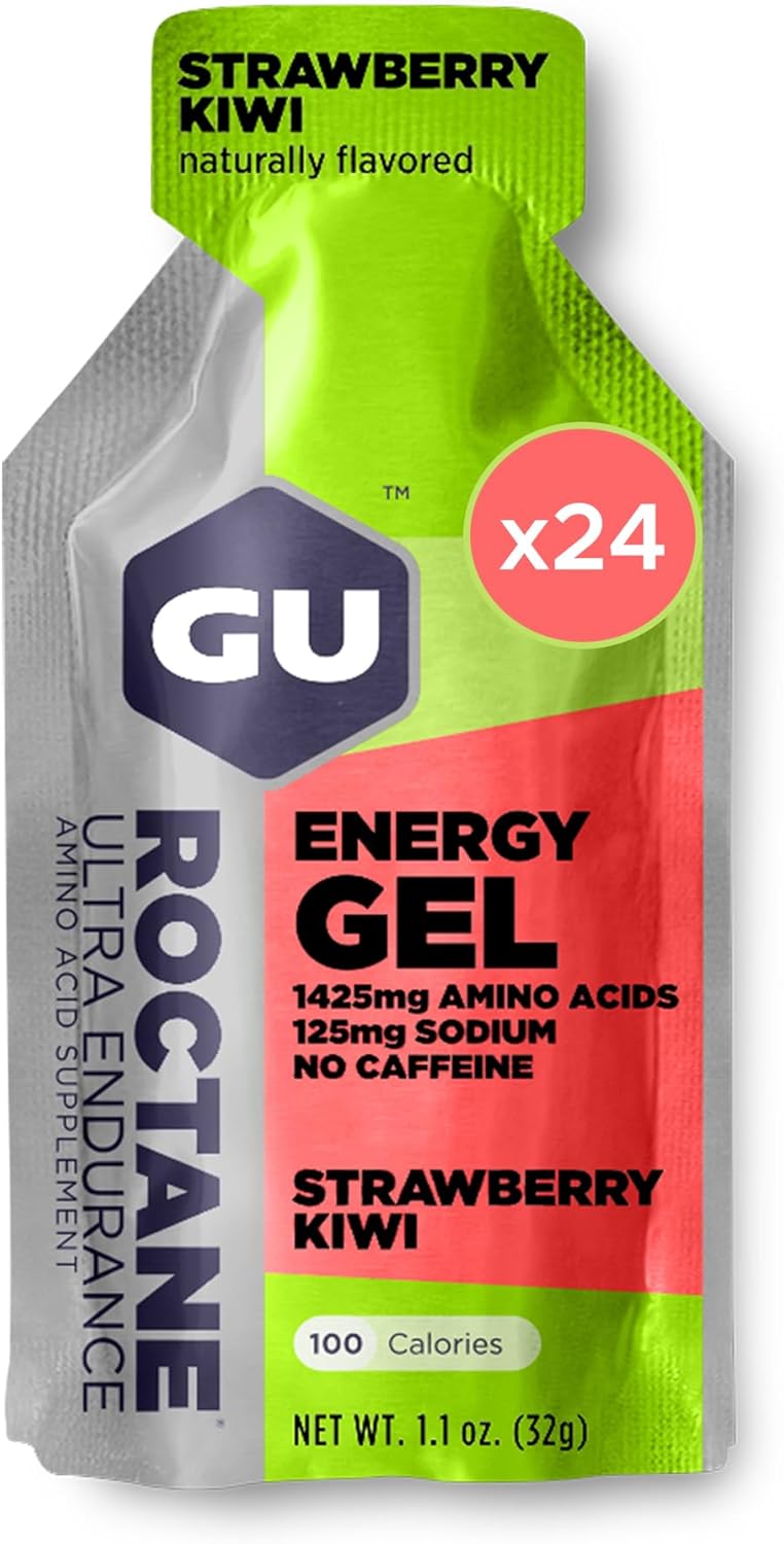 GU Energy Roctane Ultra Endurance Energy Gel, Vegan, Gluten-Free, Kosher, and Dairy-Free On-The-Go Sports Nutrition for Running, Biking, Hiking or Skiing, Strawberry Kiwi (24 Packets)