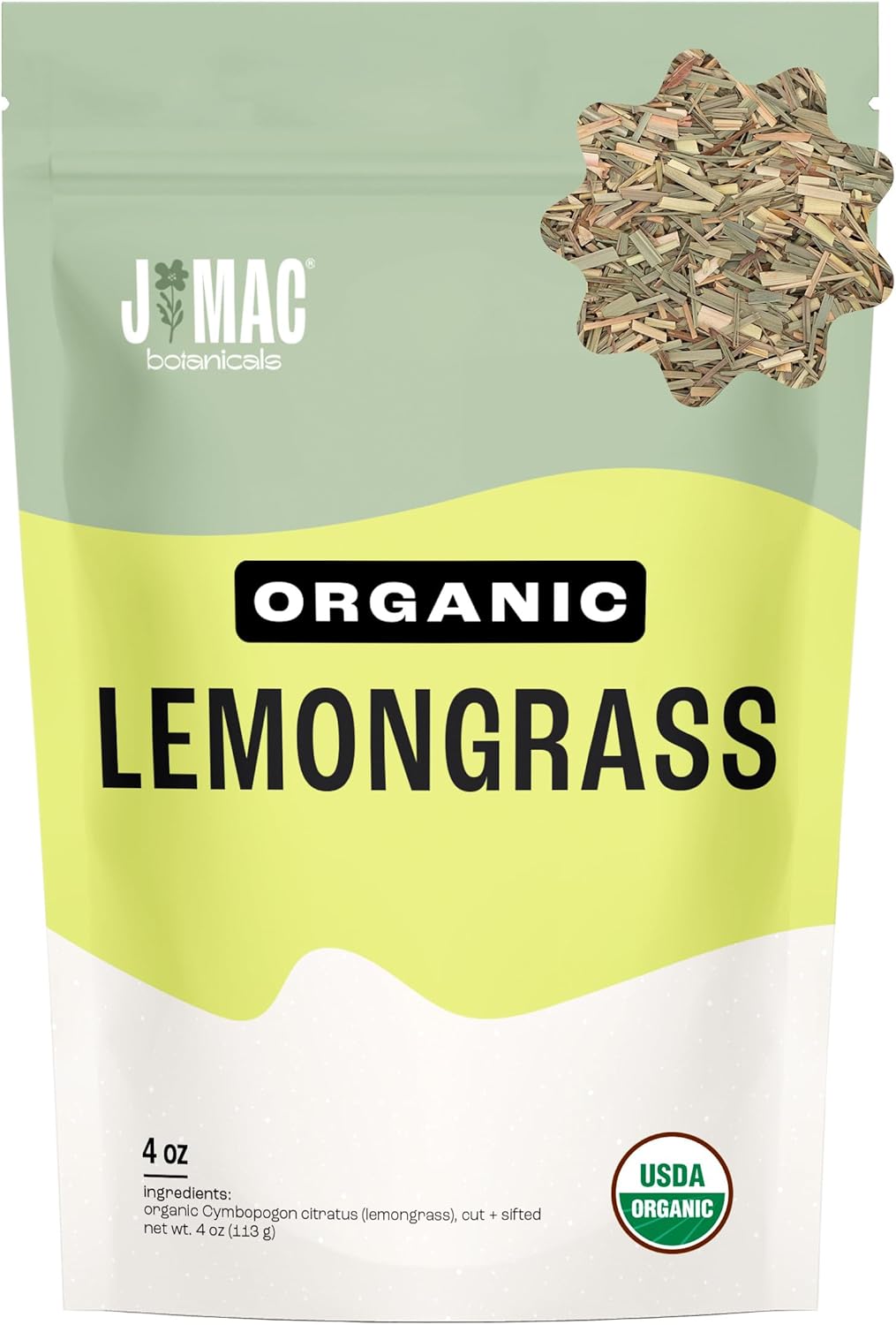 J MAC BOTANICALS Organic Lemongrass (4 oz) Certified USDA Organic, Cut & Sifted Dried Lemongrass tea from Egypt, resealable pouch. Packaged in the USA