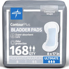 Medline ContourPlus Bladder Pads, Women & Men, Discreet, Long Length, Incontinence, Overnight, Postpartum, Leaks, Ultimate Absorbency, 8x17, 168-Count