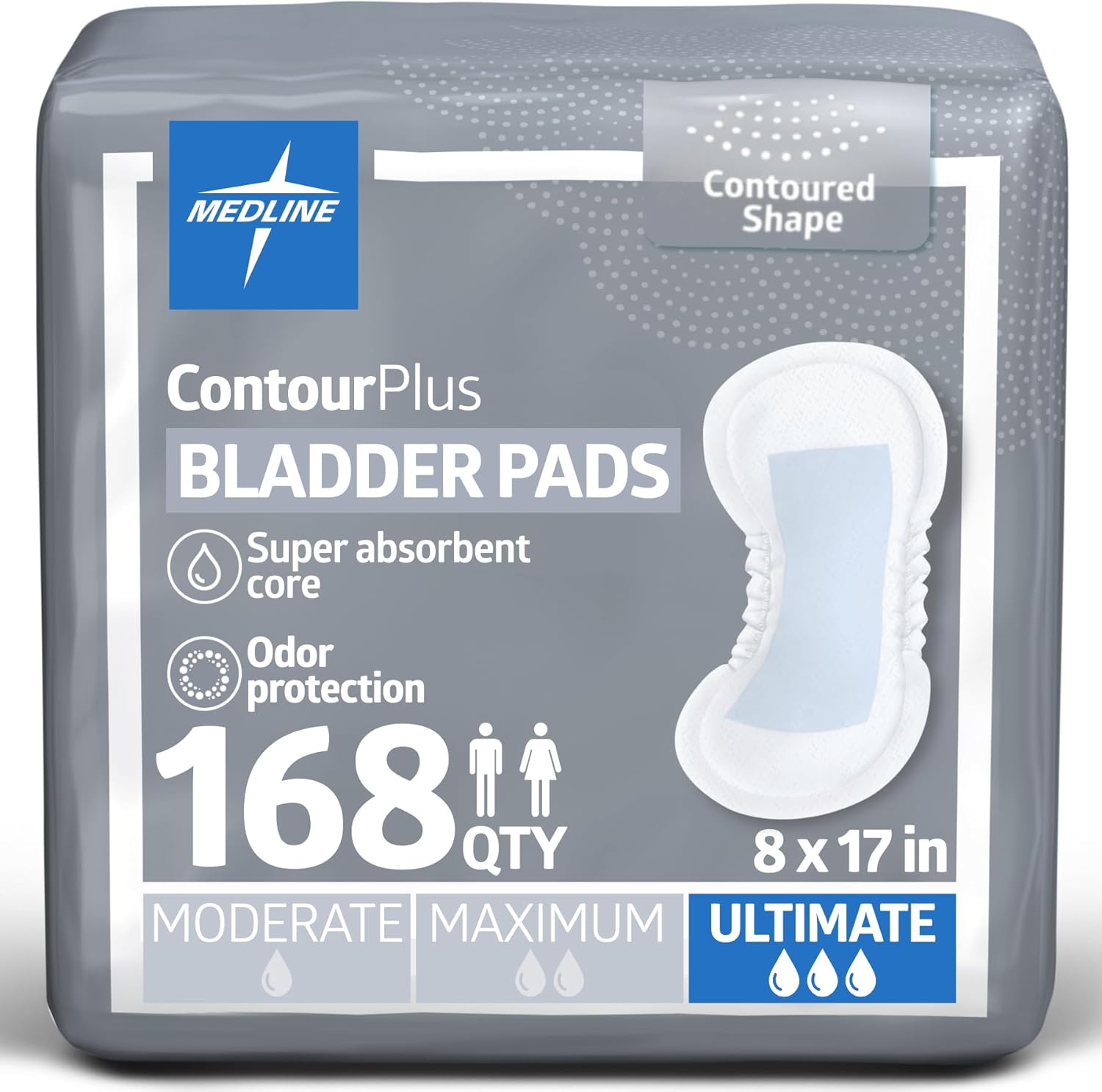Medline ContourPlus Bladder Pads, Women & Men, Discreet, Long Length, Incontinence, Overnight, Postpartum, Leaks, Ultimate Absorbency, 8x17, 168-Count