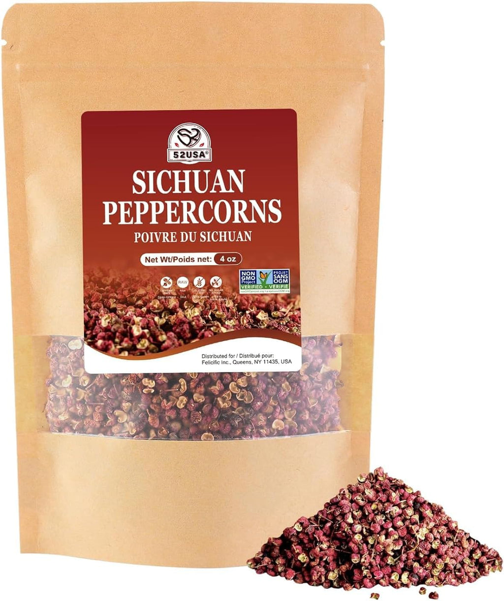 52USA Sichuan Peppercorns, Szechuan Peppercorns(4OZ), Authentic Szechuan Red Peppercorn, Less Seeds, Strong Flavor, Whole Sichuan Red Peppercorns, Tingly Numbness, Key for Mapo Tofu and Sichuan Dishes