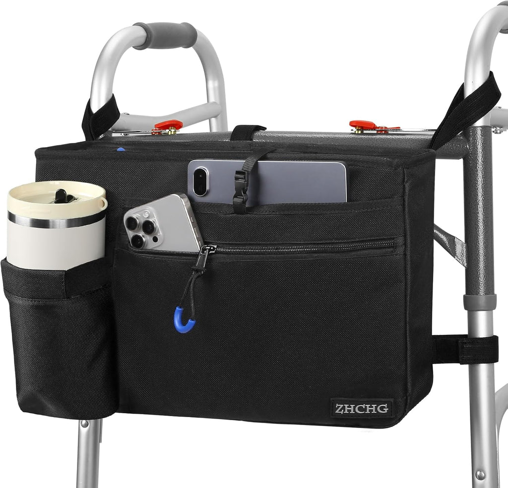 Walker Bag with Cup Holder, Walker Accessories for Seniors Detachable, Foldable Walker Basket with Big Capacity, Best Gift- Black (Not Fit Rollator Walkers)
