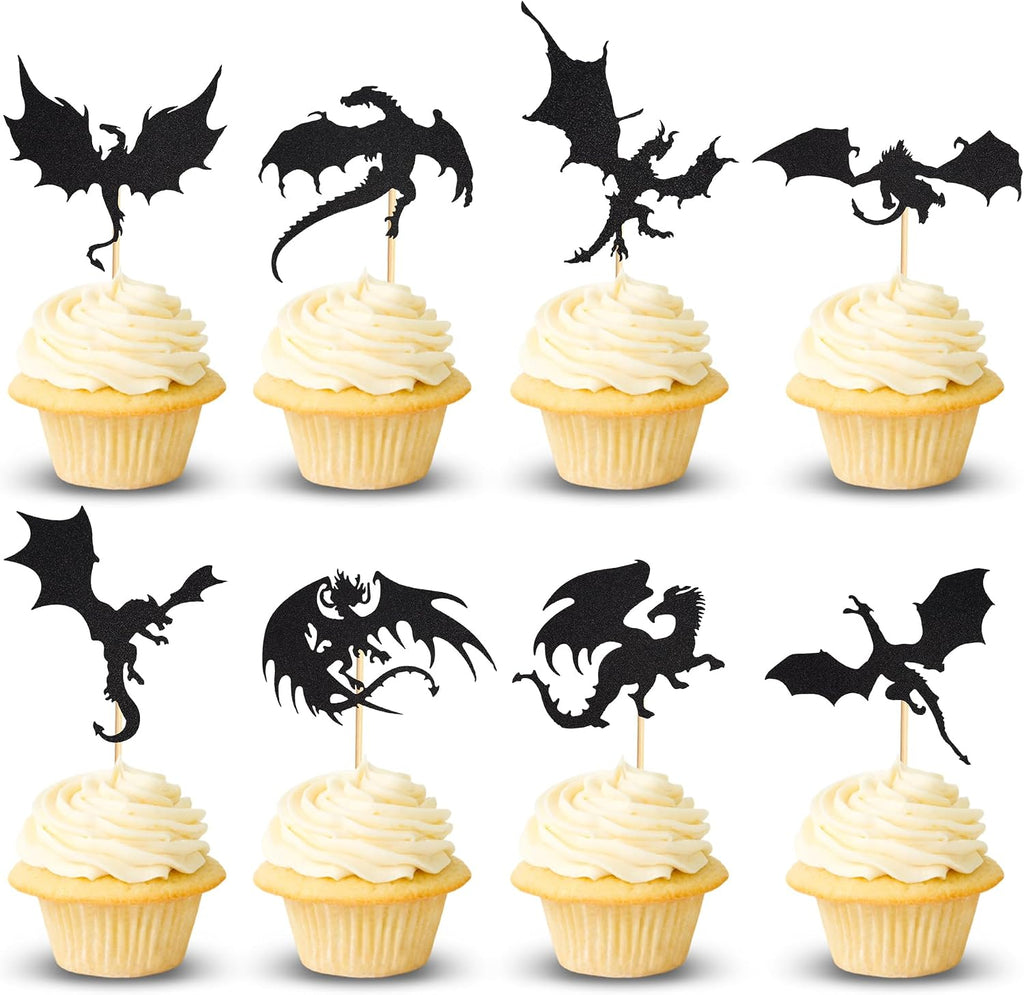 Arthsdite 24 Pcs Dragon Cupcake Toppers Cake Picks Cool Dinosaur Cupcake Topper for Dragon Themed Party Kids Birthday Party Christmas Fantasy Themed Party Decoration Baby Shower - Black Glitter