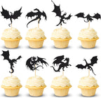 Arthsdite 24 Pcs Dragon Cupcake Toppers Cake Picks Cool Dinosaur Cupcake Topper for Dragon Themed Party Kids Birthday Party Christmas Fantasy Themed Party Decoration Baby Shower - Black Glitter