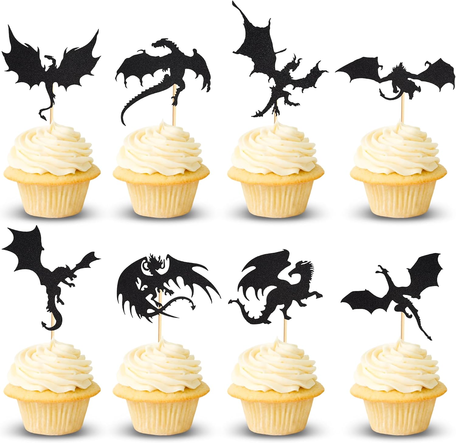 Arthsdite 24 Pcs Dragon Cupcake Toppers Cake Picks Cool Dinosaur Cupcake Topper for Dragon Themed Party Kids Birthday Party Christmas Fantasy Themed Party Decoration Baby Shower - Black Glitter